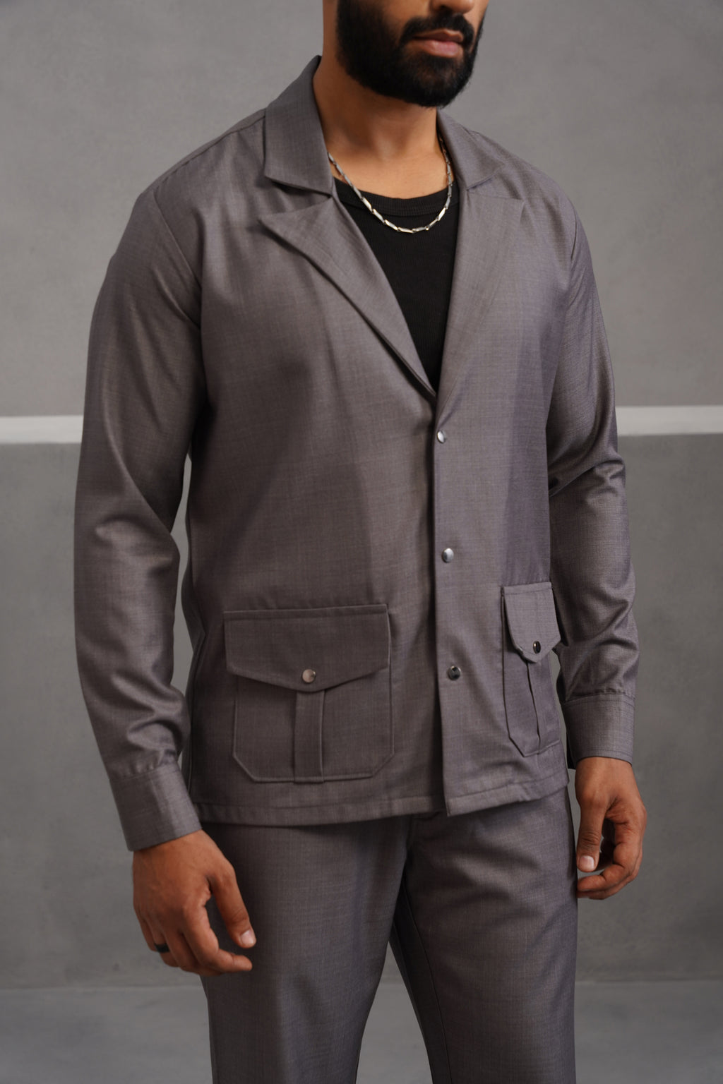 Terry Rayon Luxe Blazer Shirt - Grey