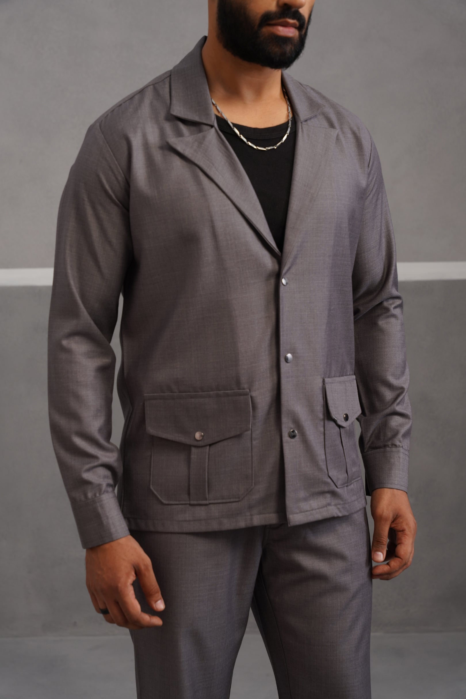 Terry Rayon Luxe Blazer Shirt - Grey