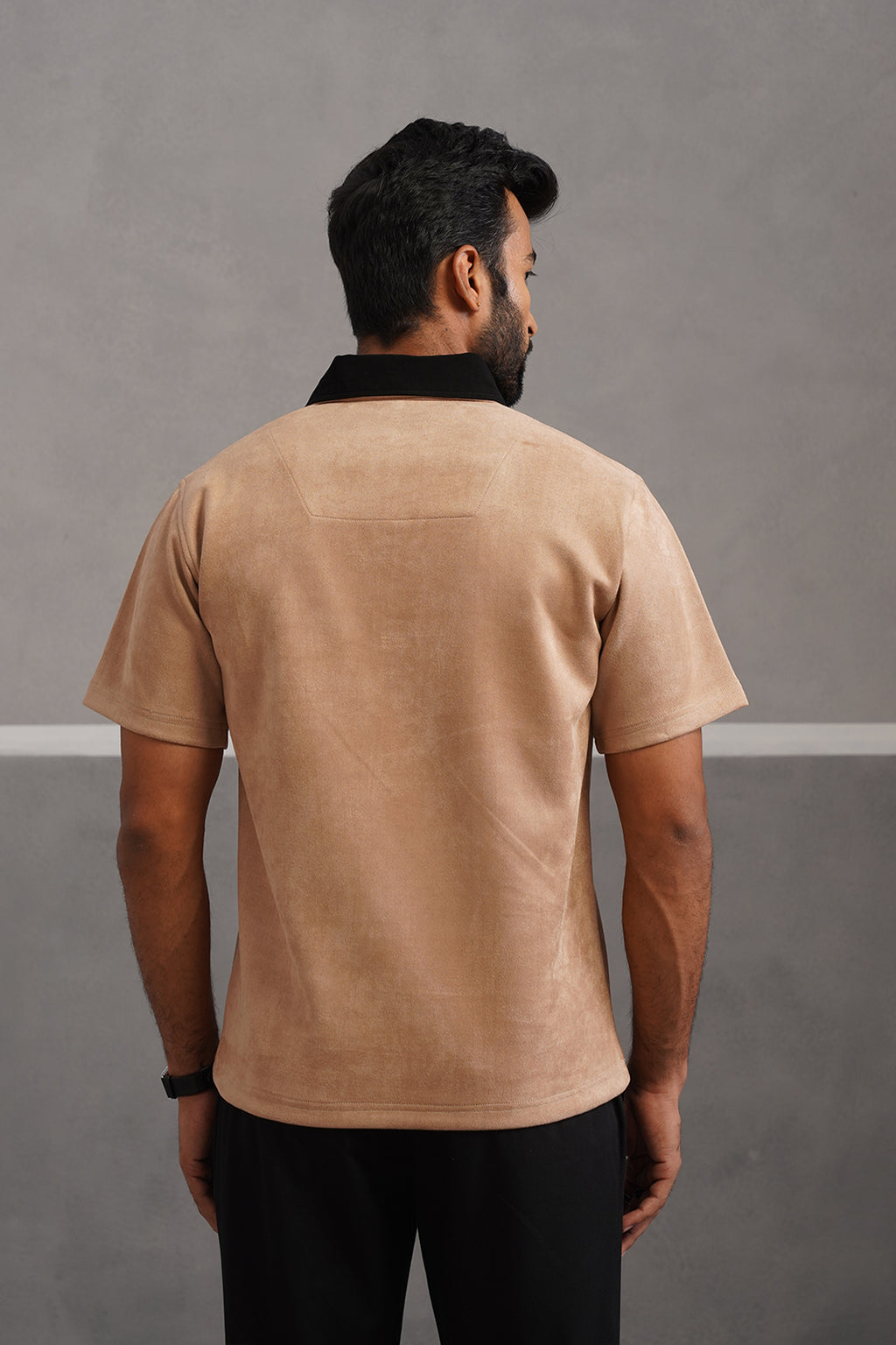 Rich Suede Fabric Collar Polo Tshirt - Beige