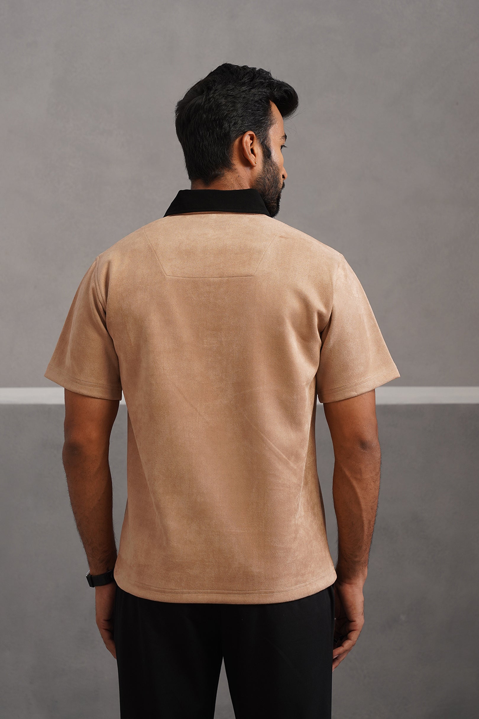 Rich Suede Fabric Collar Polo Tshirt - Beige