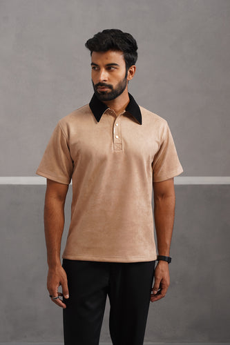 Rich Suede Fabric Collar Polo Tshirt - Beige