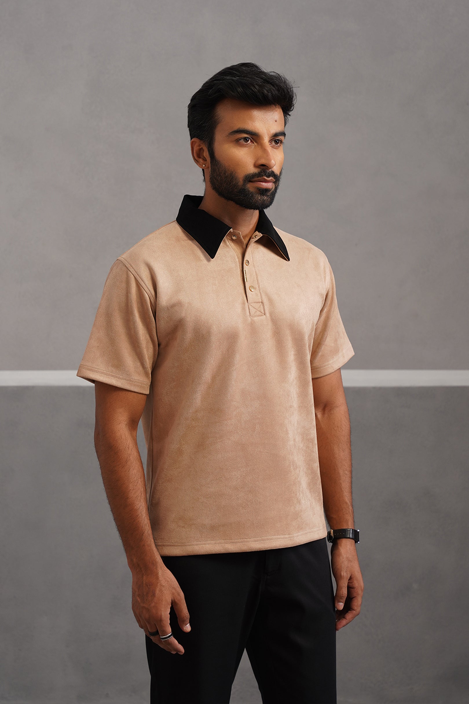 Rich Suede Fabric Collar Polo Tshirt - Beige