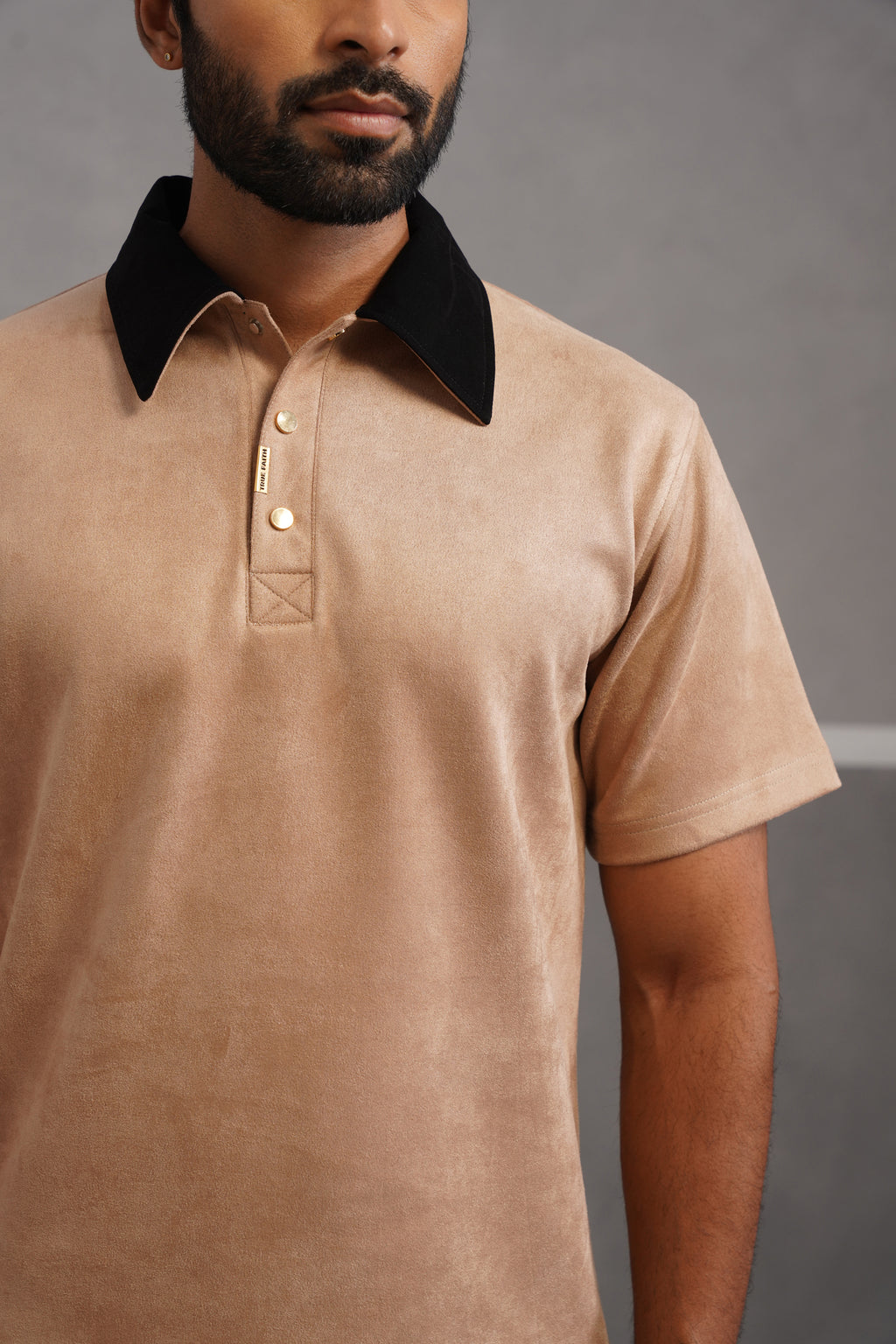 Rich Suede Fabric Collar Polo Tshirt - Beige