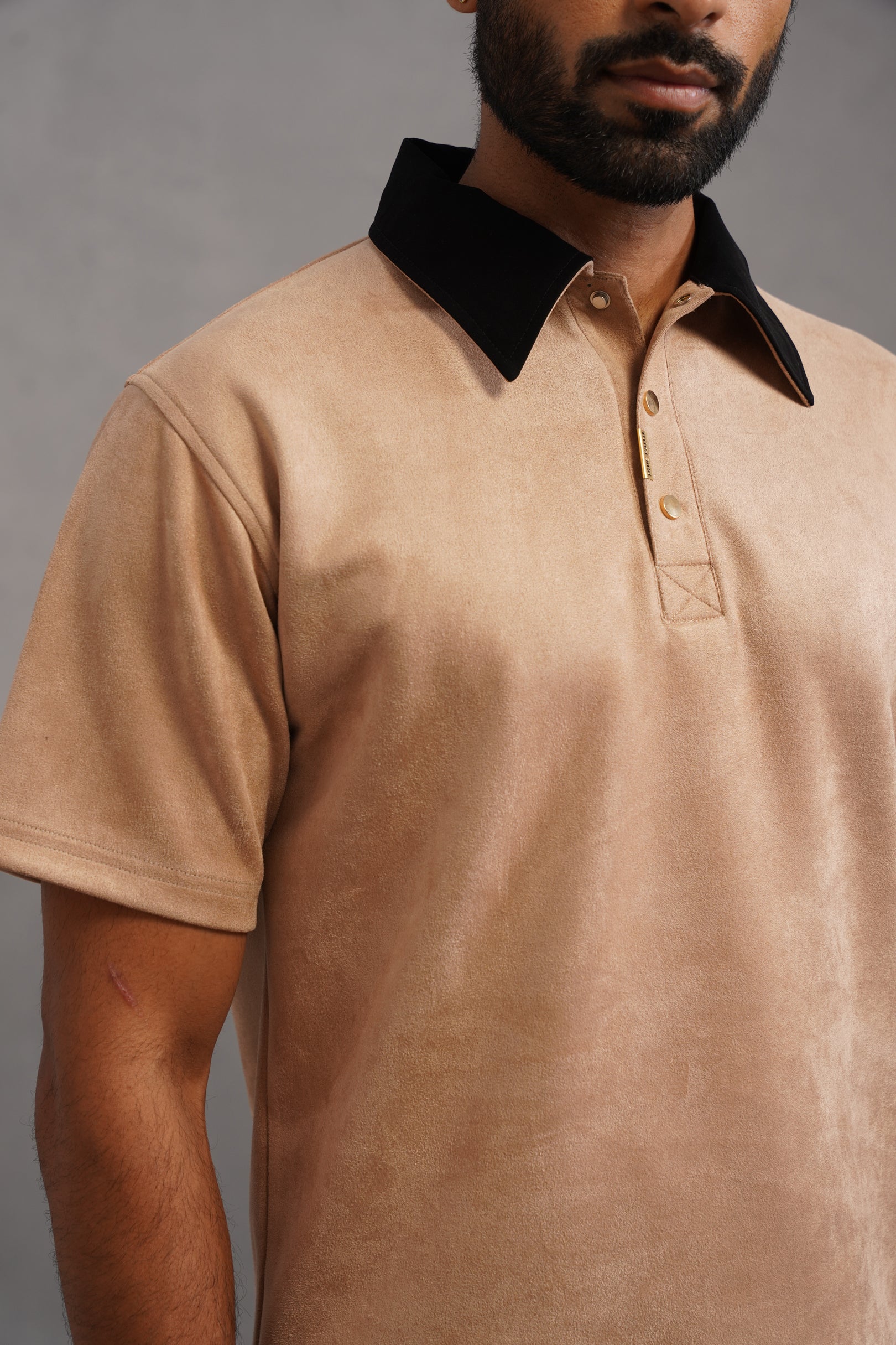 Rich Suede Fabric Collar Polo Tshirt - Beige