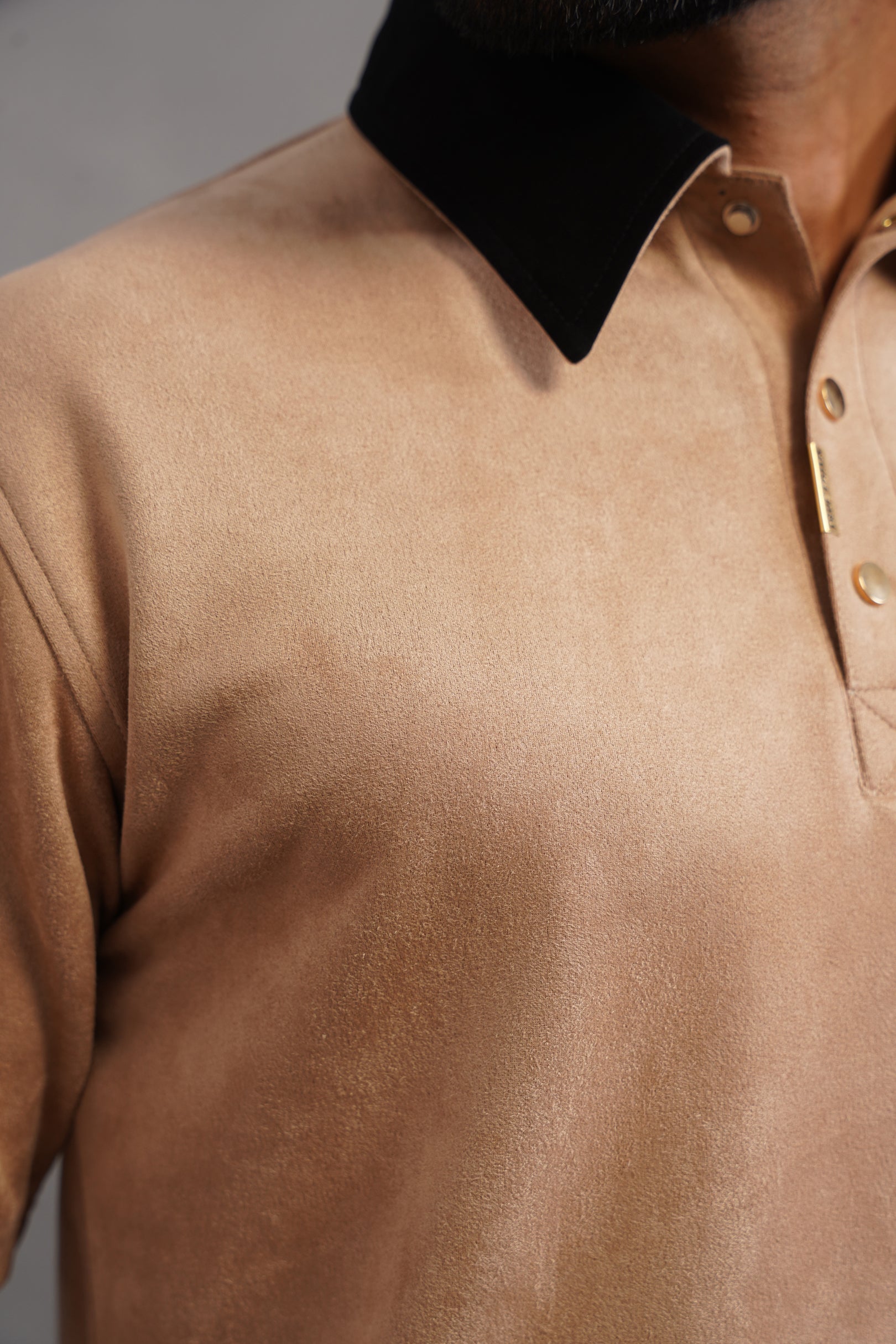 Rich Suede Fabric Collar Polo Tshirt - Beige