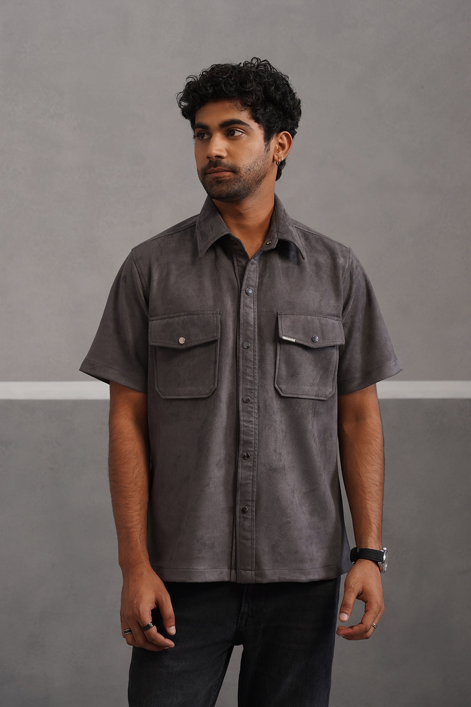 Rich Suede Fabric Double Pocket Shirt - Grey