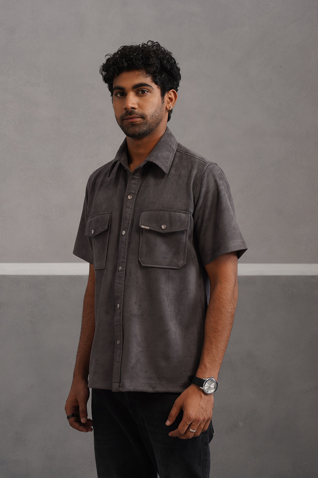 Rich Suede Fabric Double Pocket Shirt - Grey