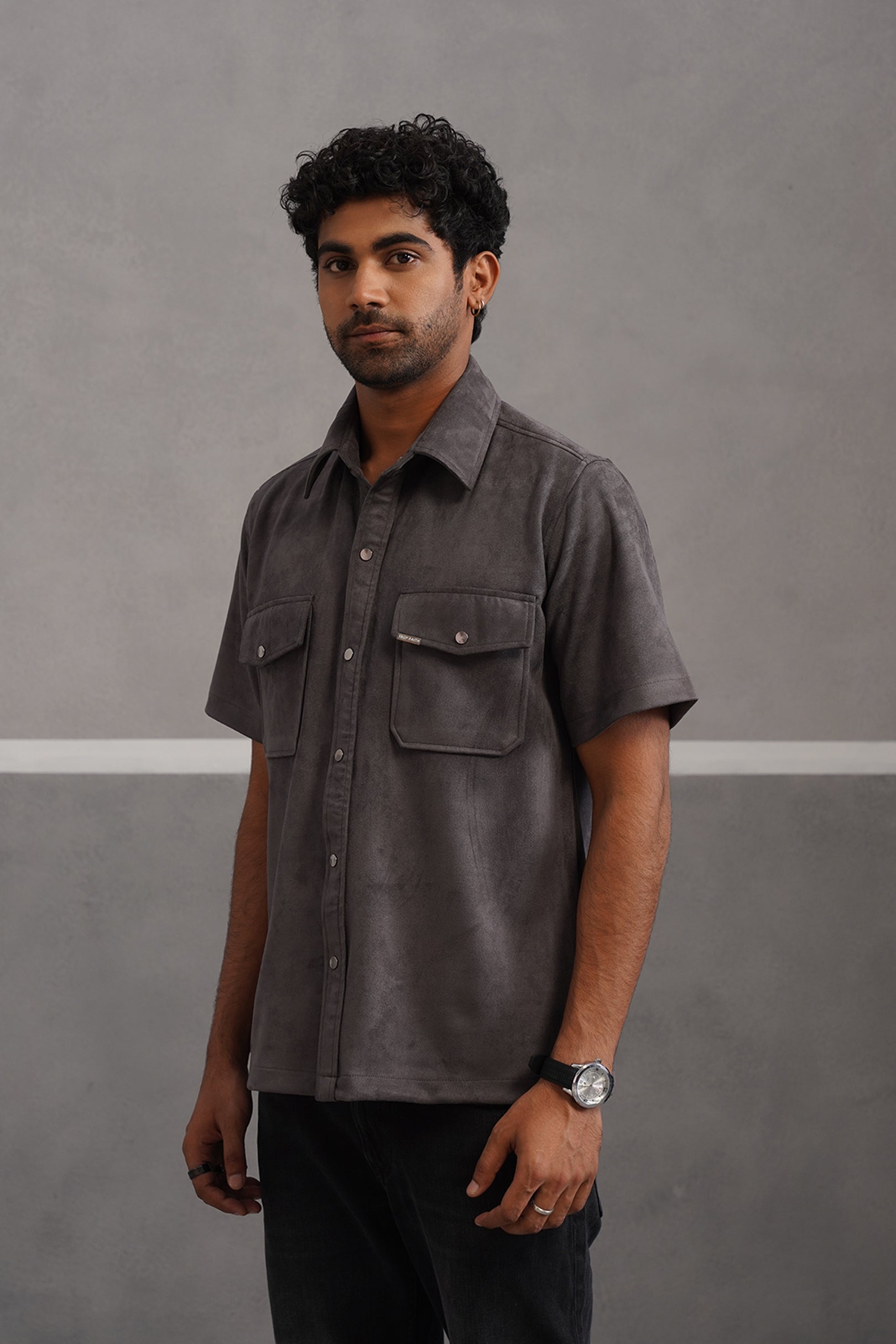 Rich Suede Fabric Double Pocket Shirt - Grey
