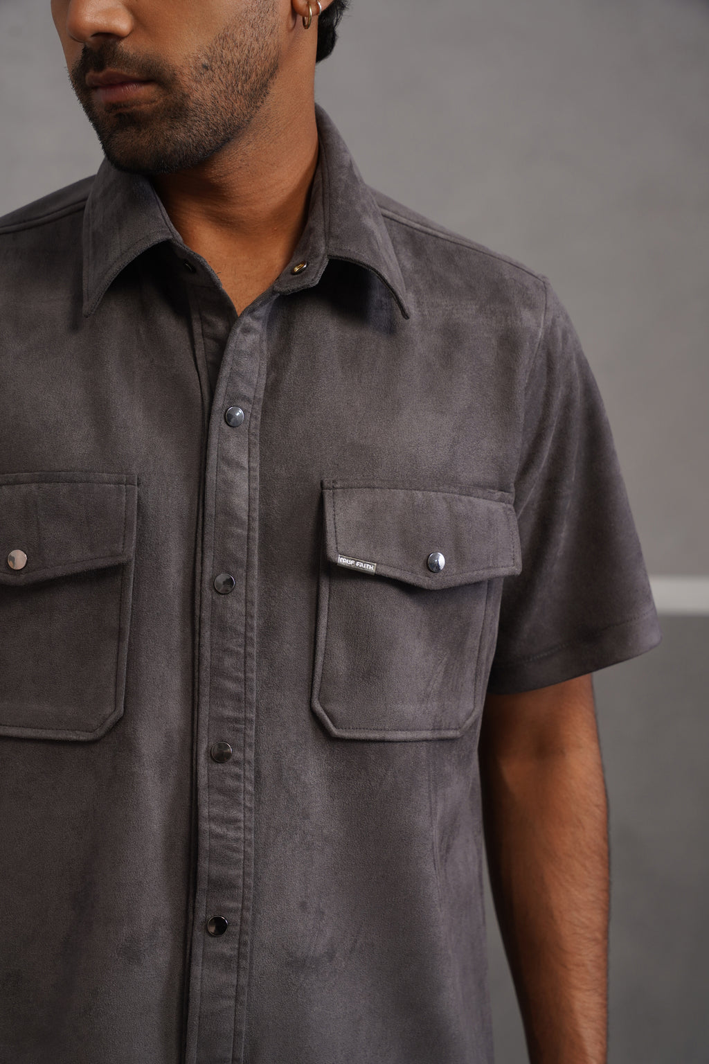 Rich Suede Fabric Double Pocket Shirt - Grey