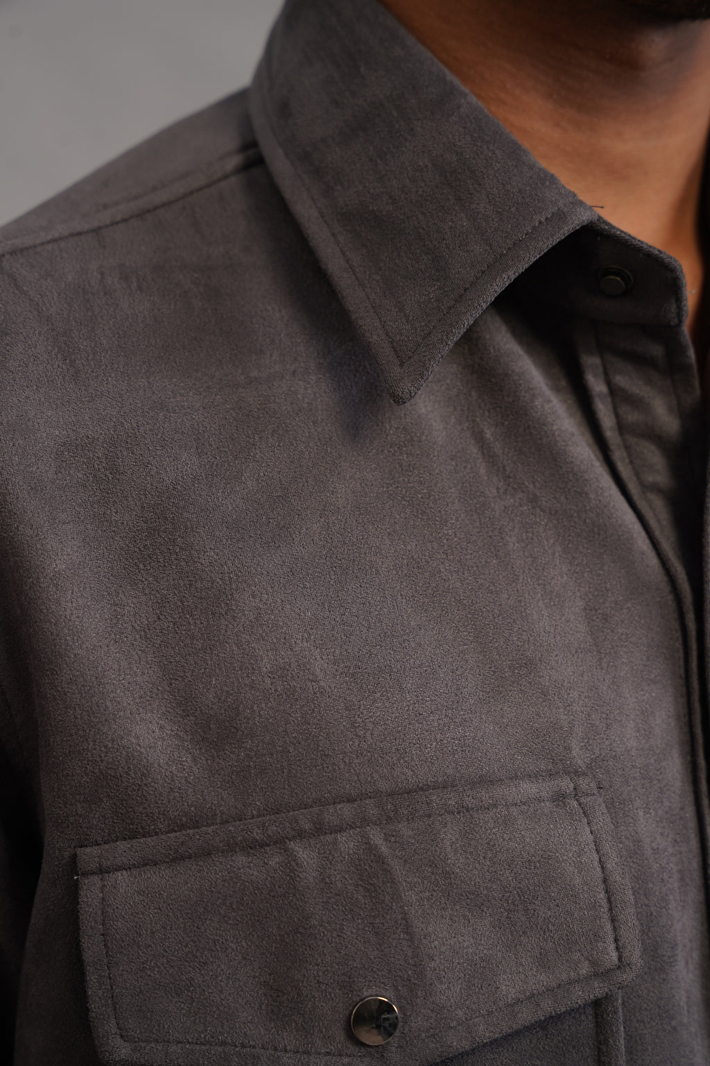 Rich Suede Fabric Double Pocket Shirt - Grey
