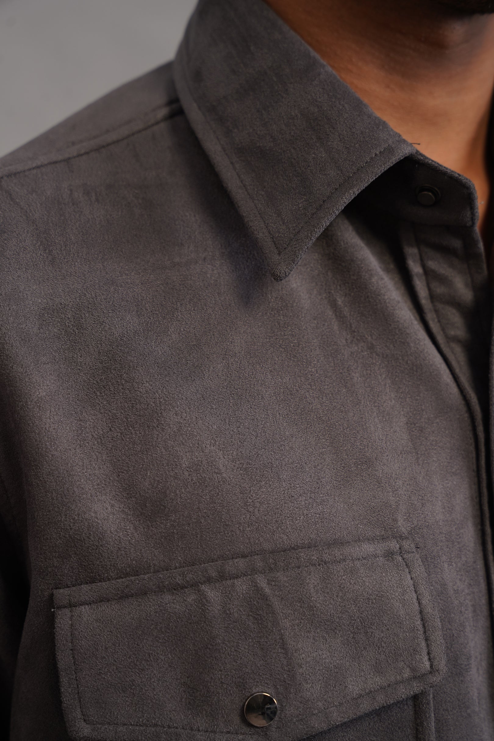 Rich Suede Fabric Double Pocket Shirt - Grey