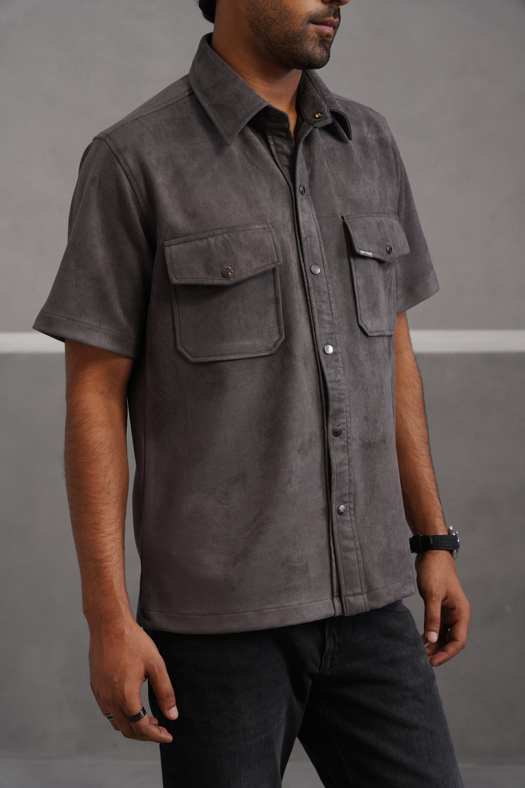 Rich Suede Fabric Double Pocket Shirt - Grey