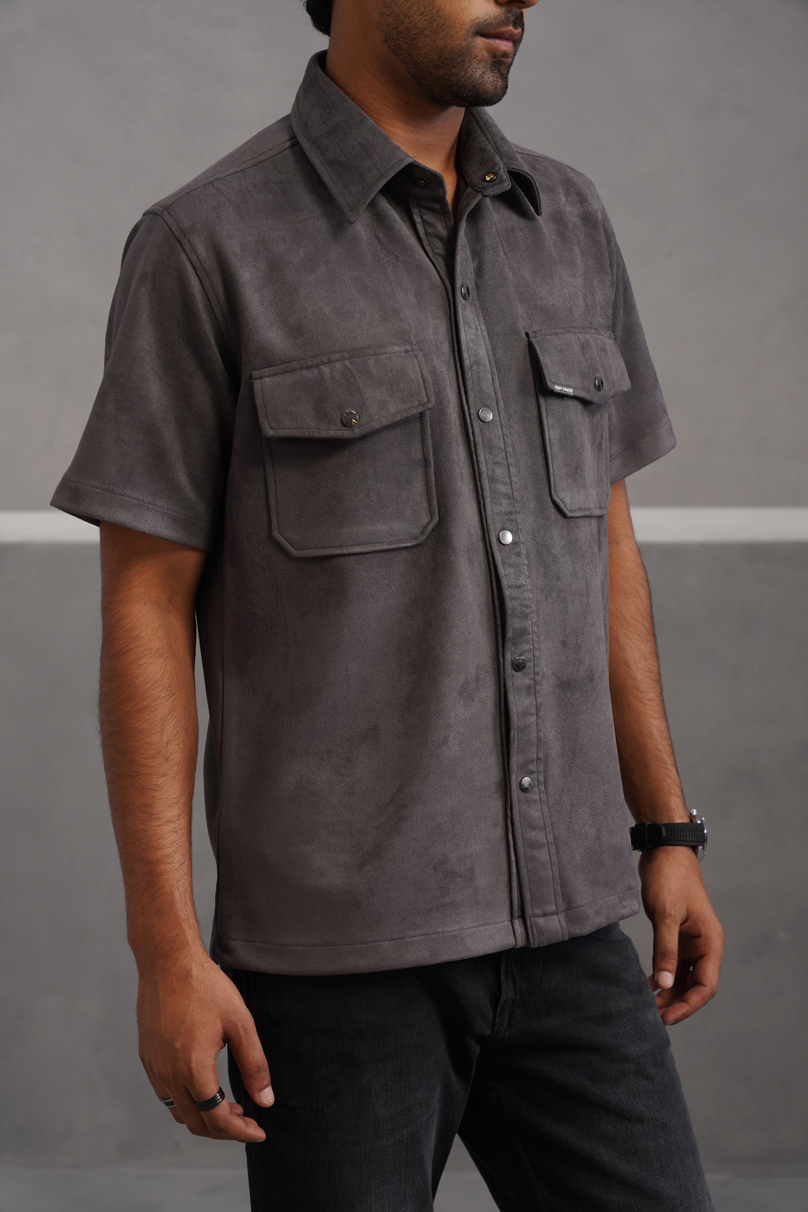 Rich Suede Fabric Double Pocket Shirt - Grey