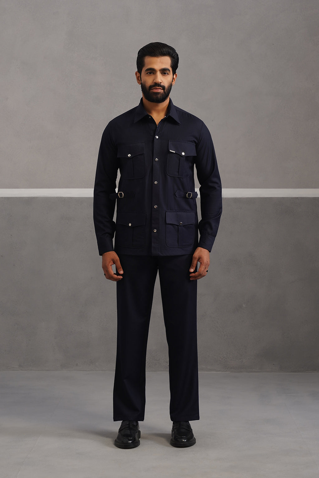 Terry rayon hunting shirt coord set - Blue