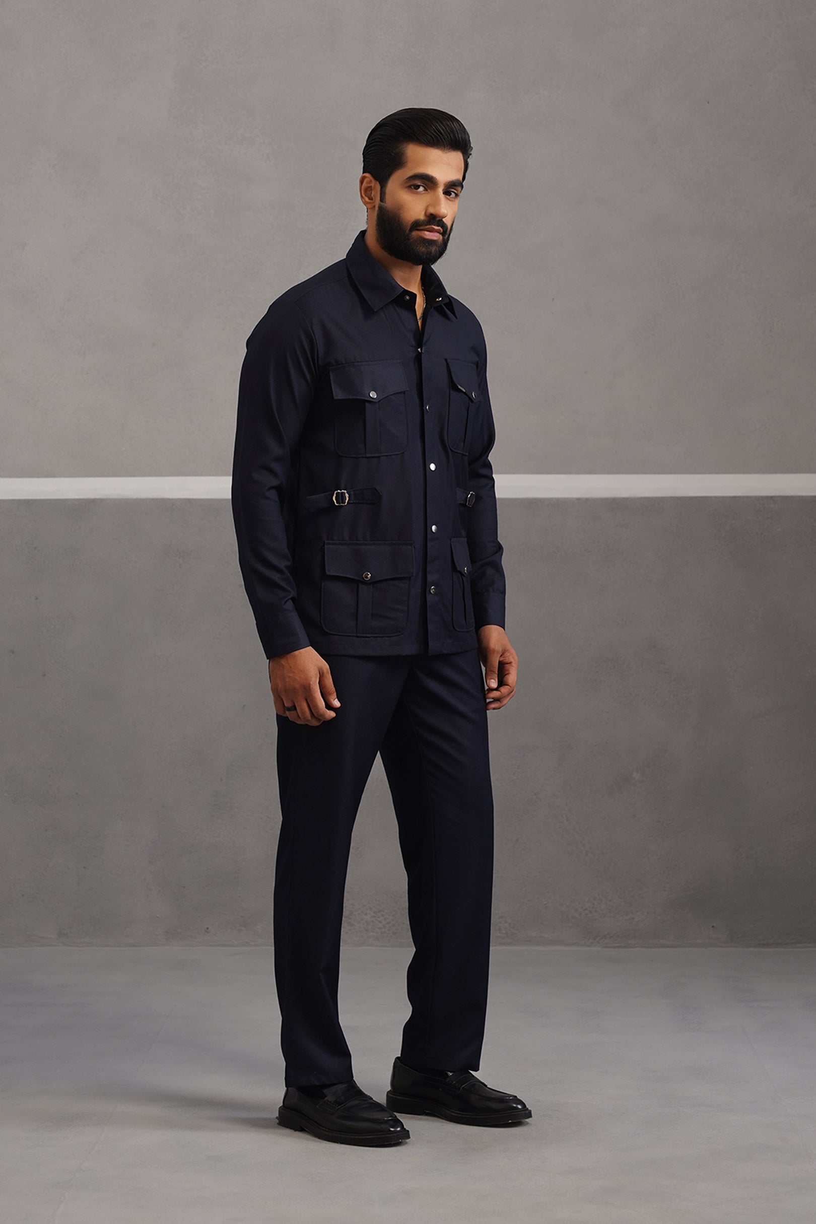 Terry rayon hunting shirt coord set - Blue