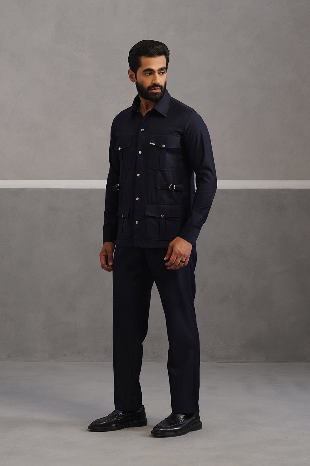 Terry rayon hunting shirt coord set - Blue