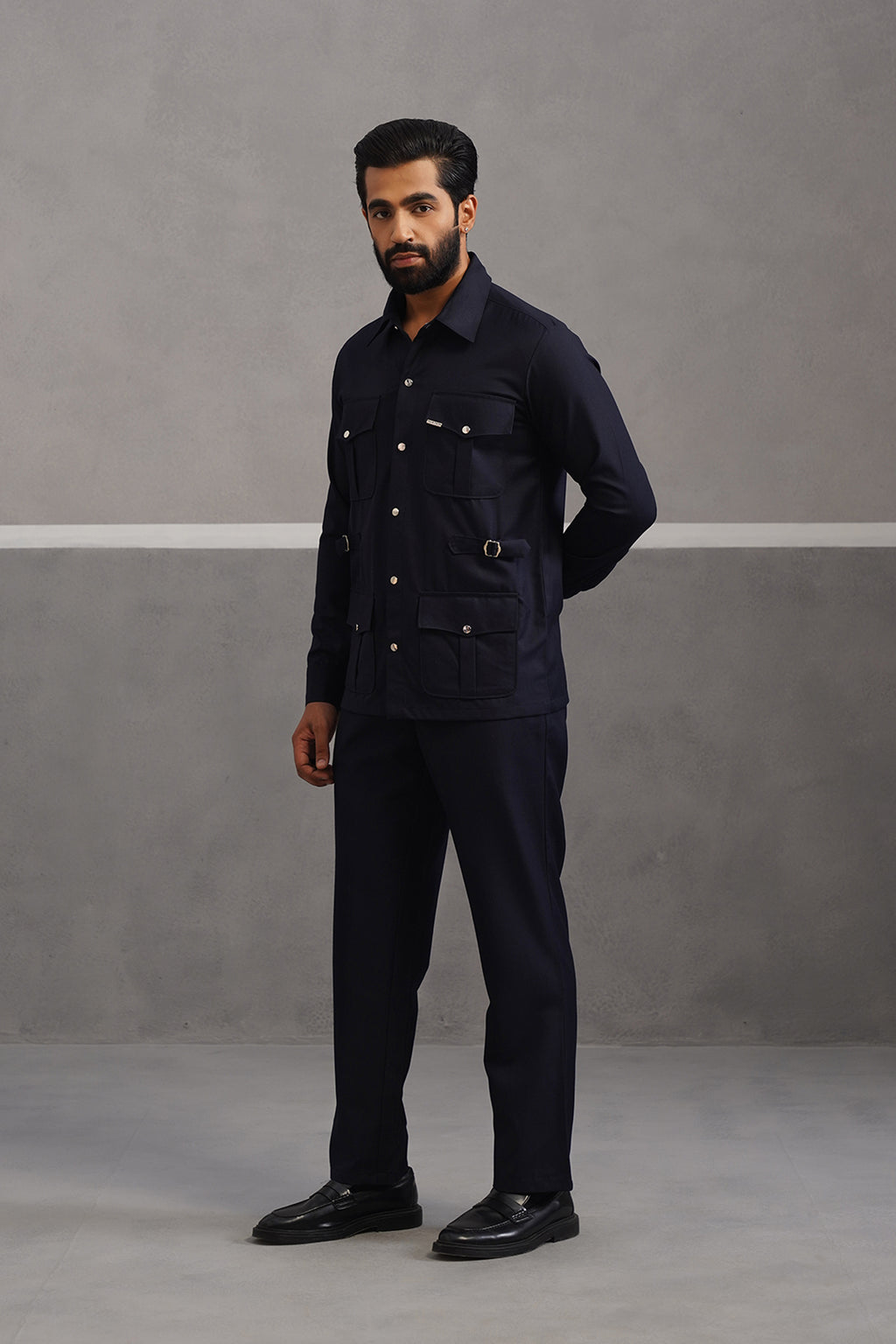 Terry rayon hunting shirt coord set - Blue