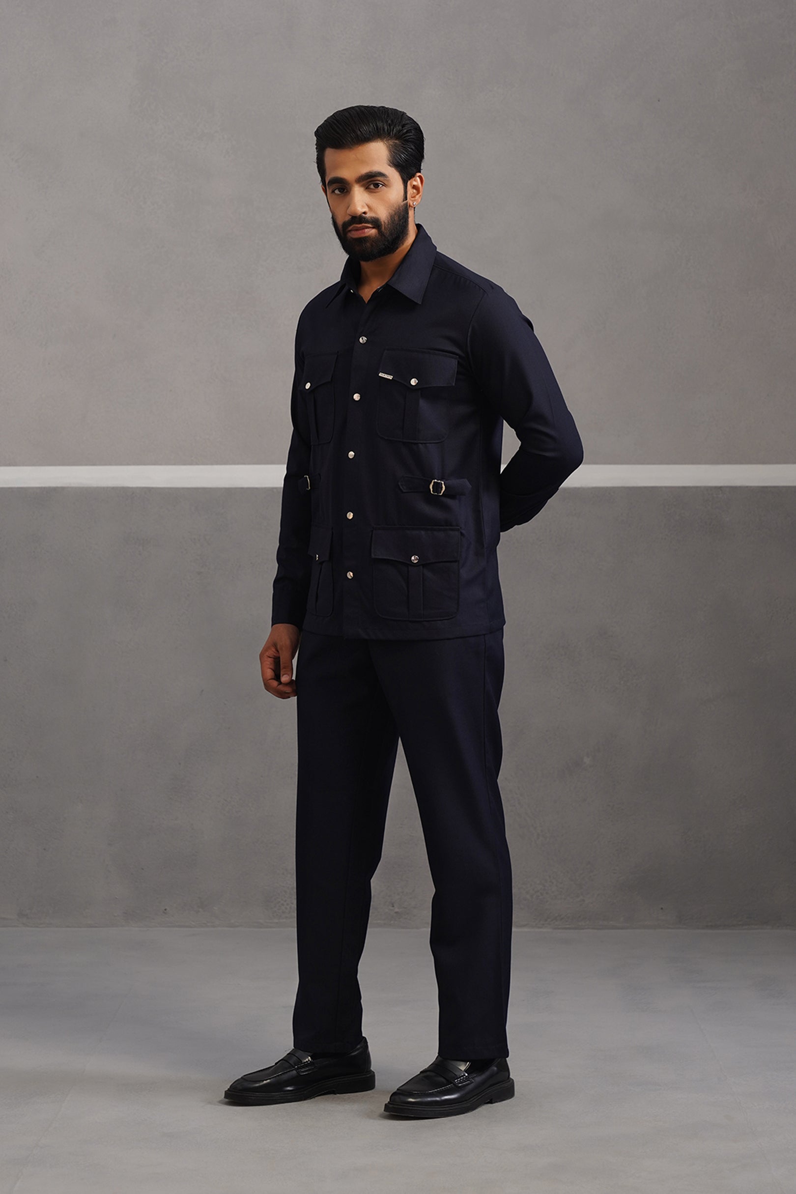 Terry rayon hunting shirt coord set - Blue