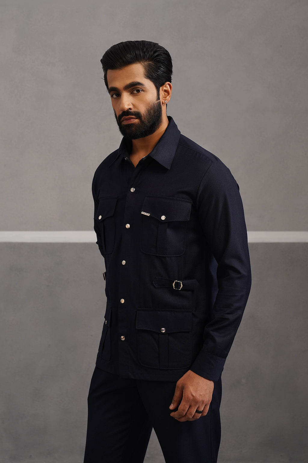 Terry rayon hunting shirt coord set - Blue