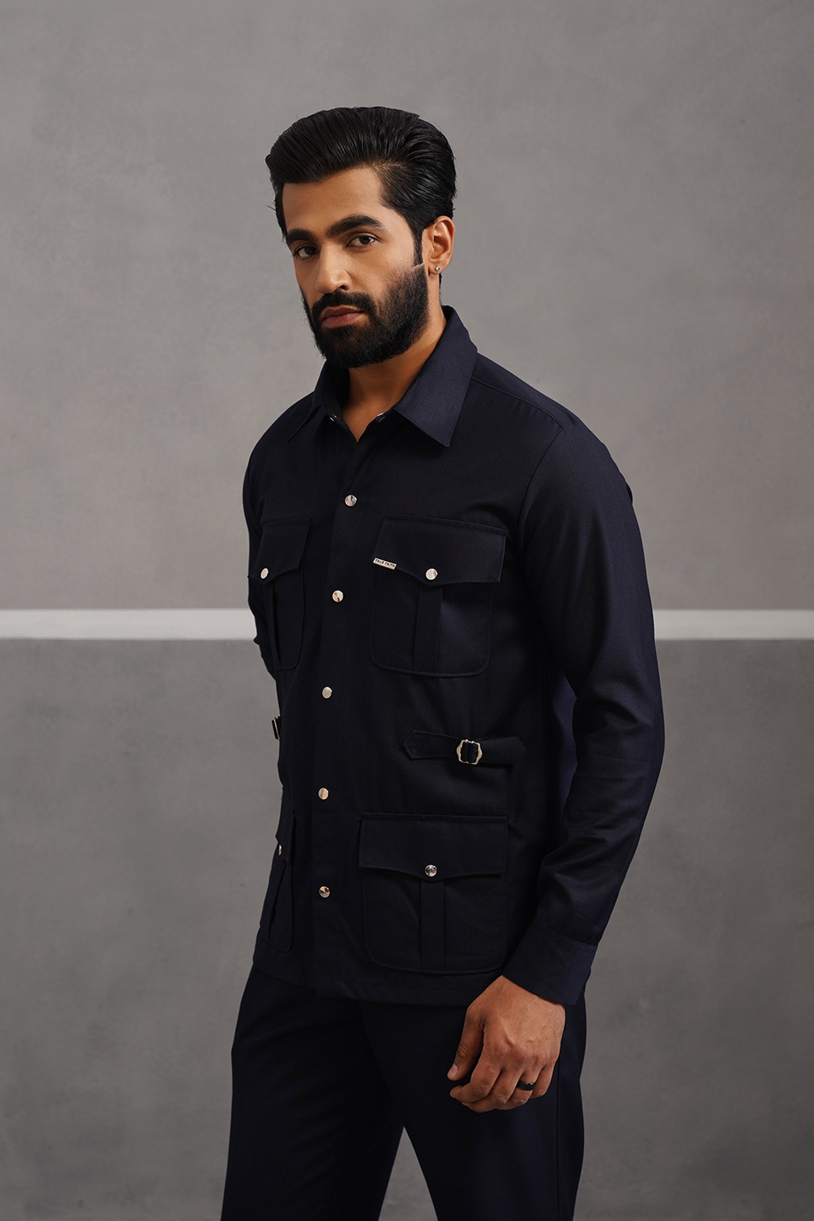 Terry rayon hunting shirt coord set - Blue