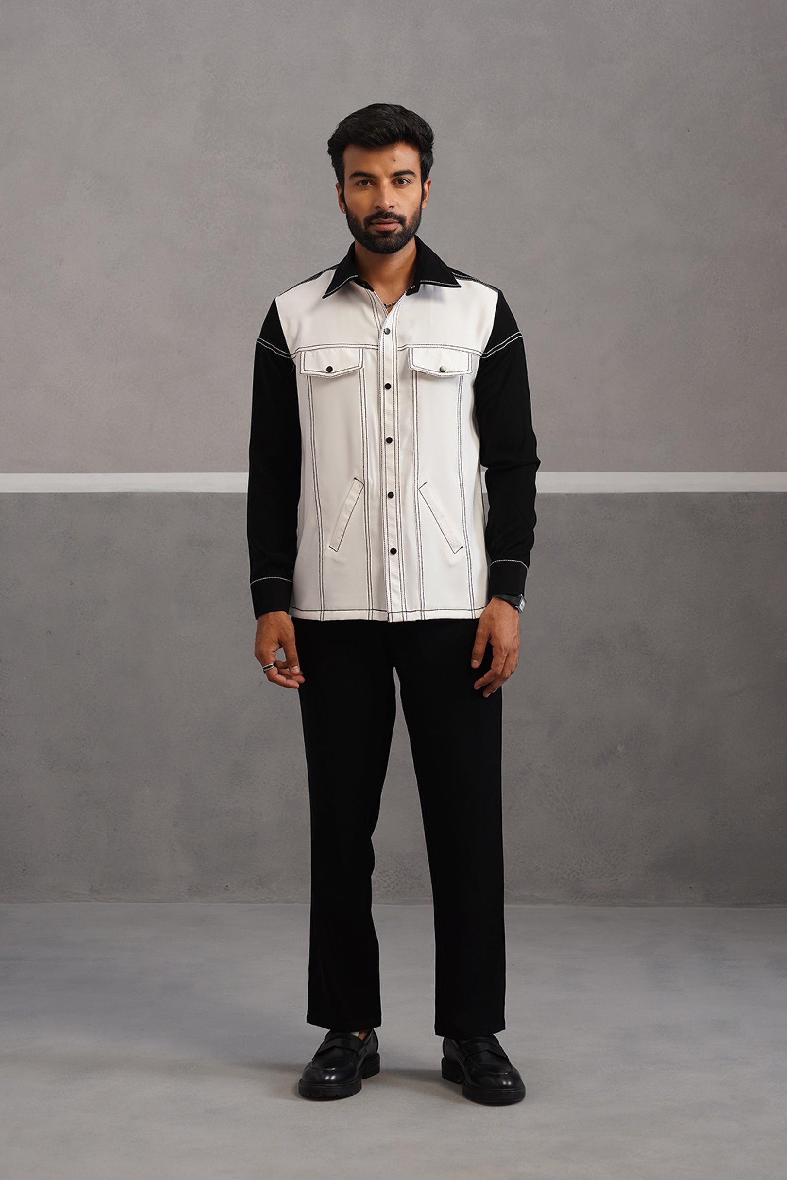 Elite Embroidered Shirt Co-ord Set - Black and White