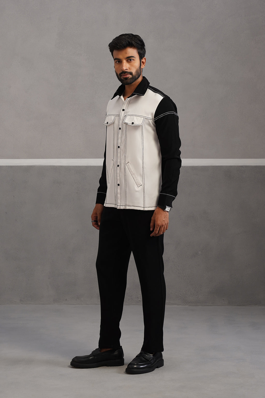 Elite Embroidered Shirt Co-ord Set - Black and White