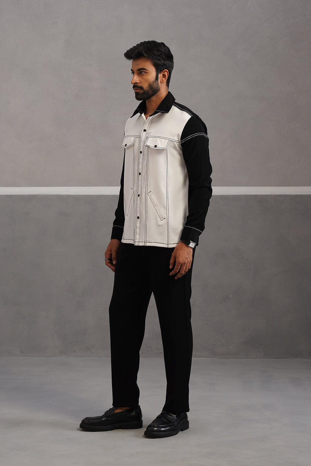 Elite Embroidered Shirt Co-ord Set - Black and White