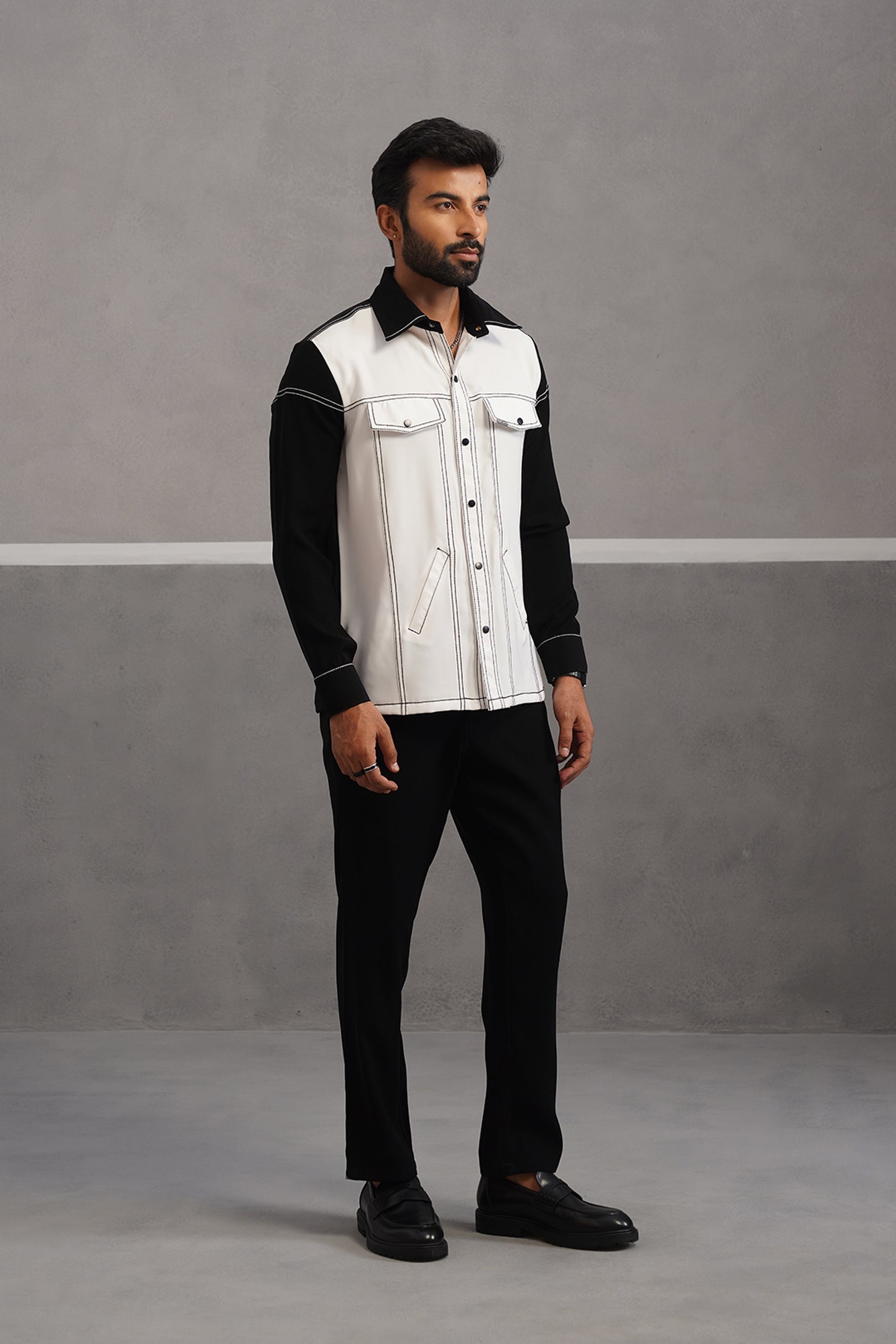 Elite Embroidered Shirt Co-ord Set - Black and White