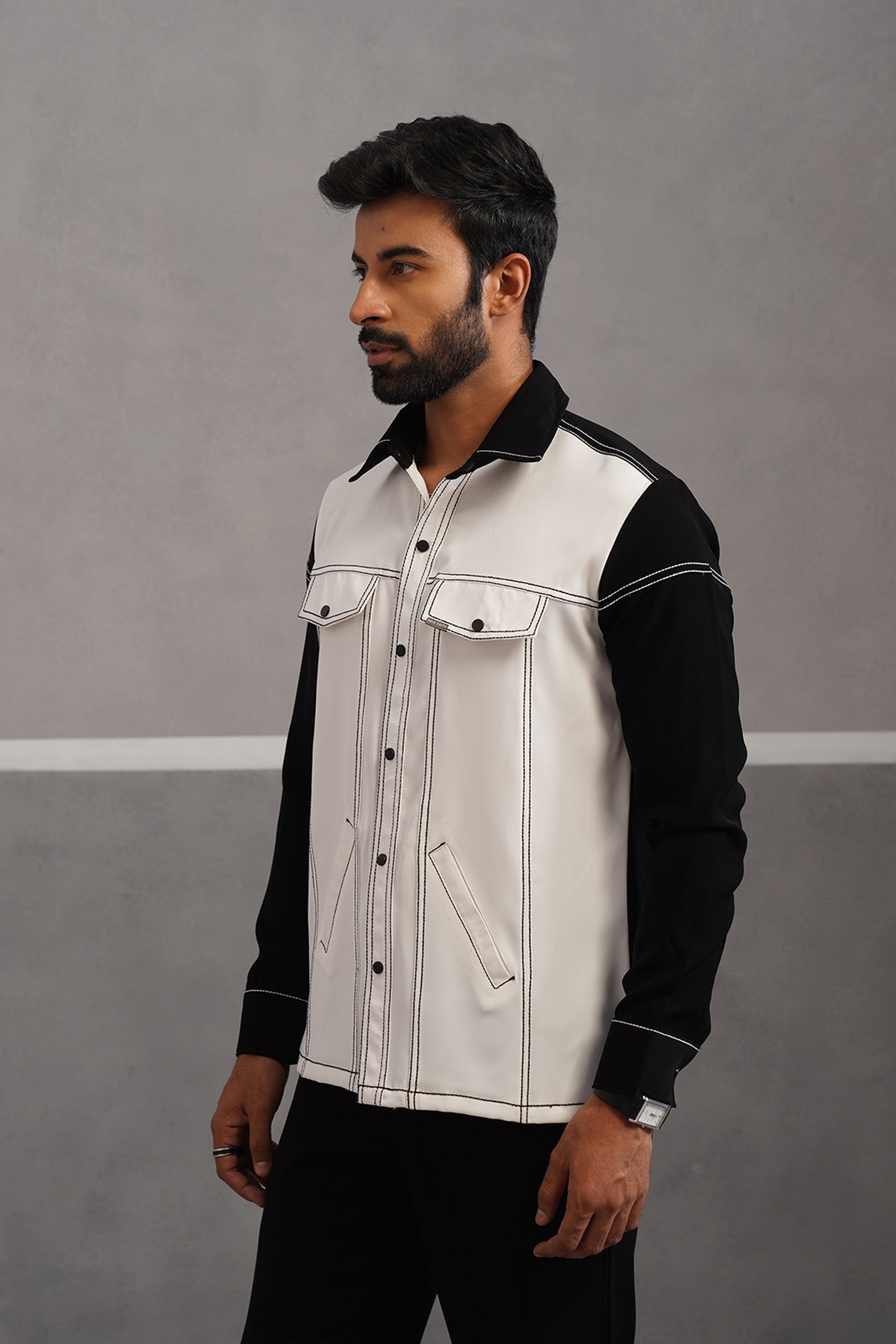Elite Embroidered Shirt Co-ord Set - Black and White