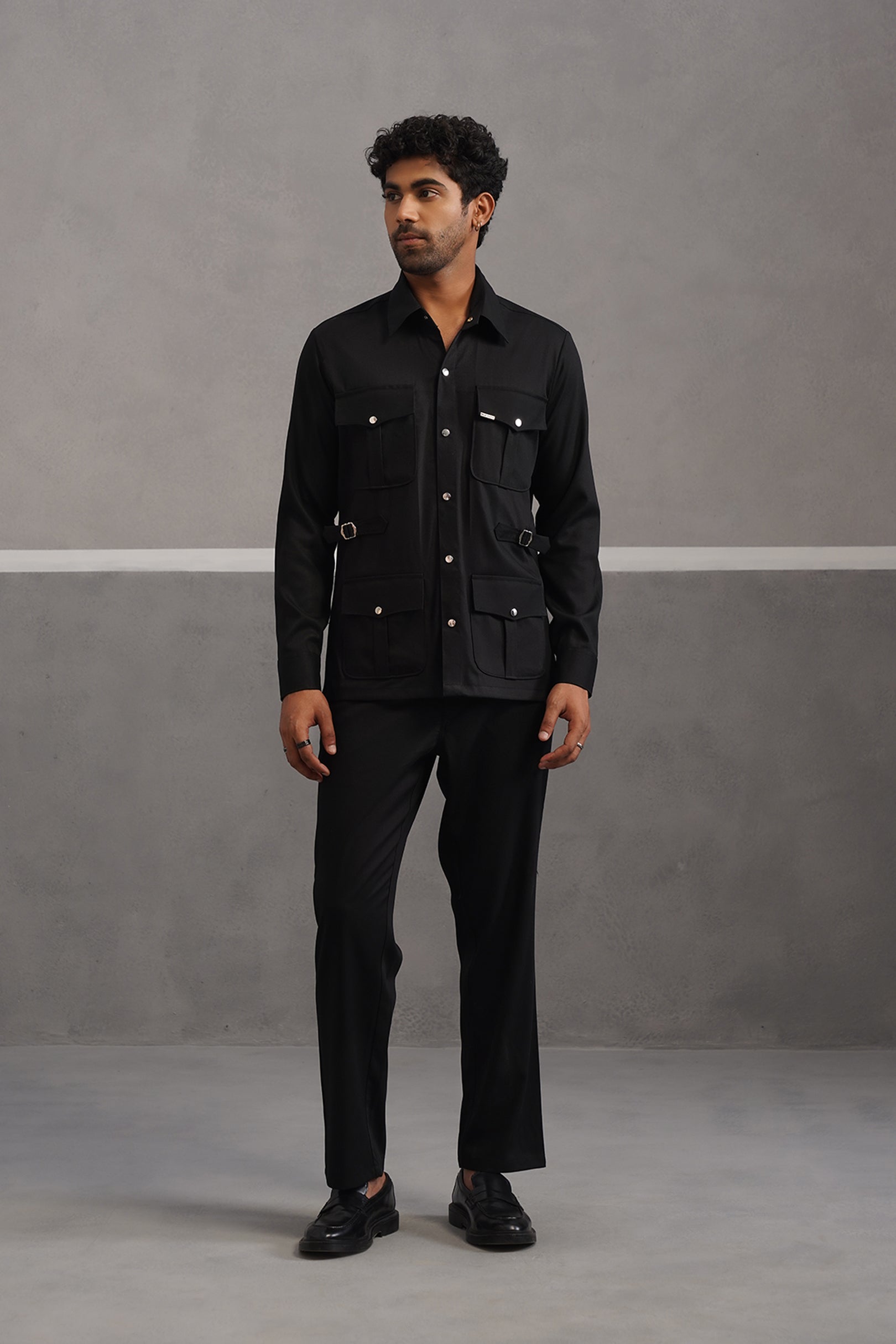 Terry rayon hunting shirt coord set - Black