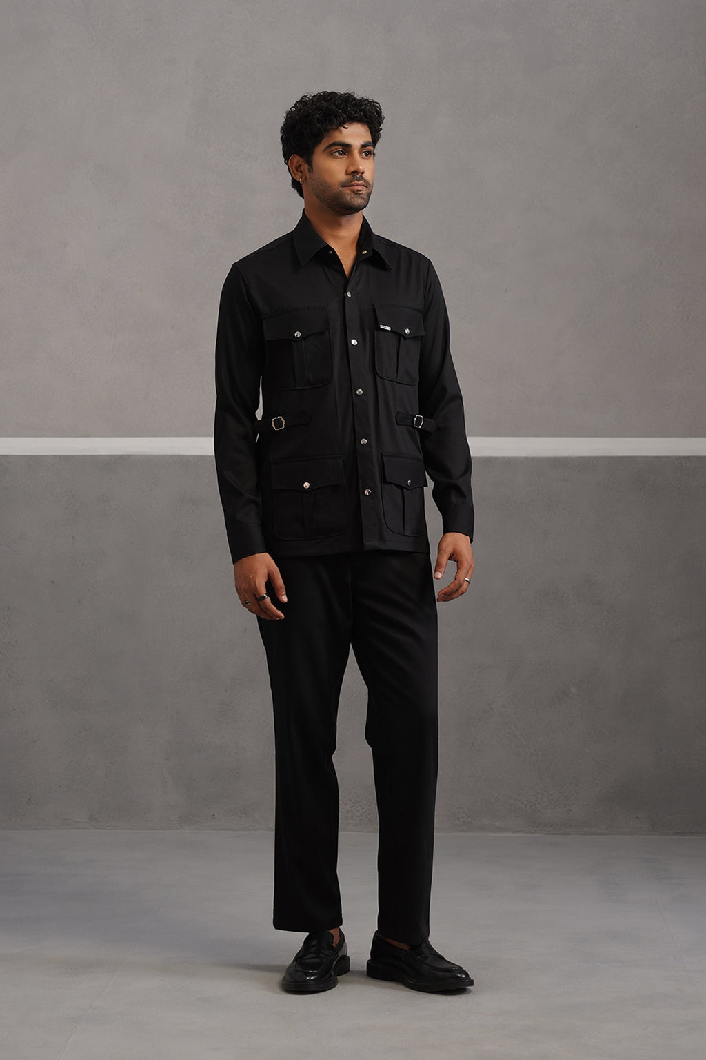 Terry rayon hunting shirt coord set - Black