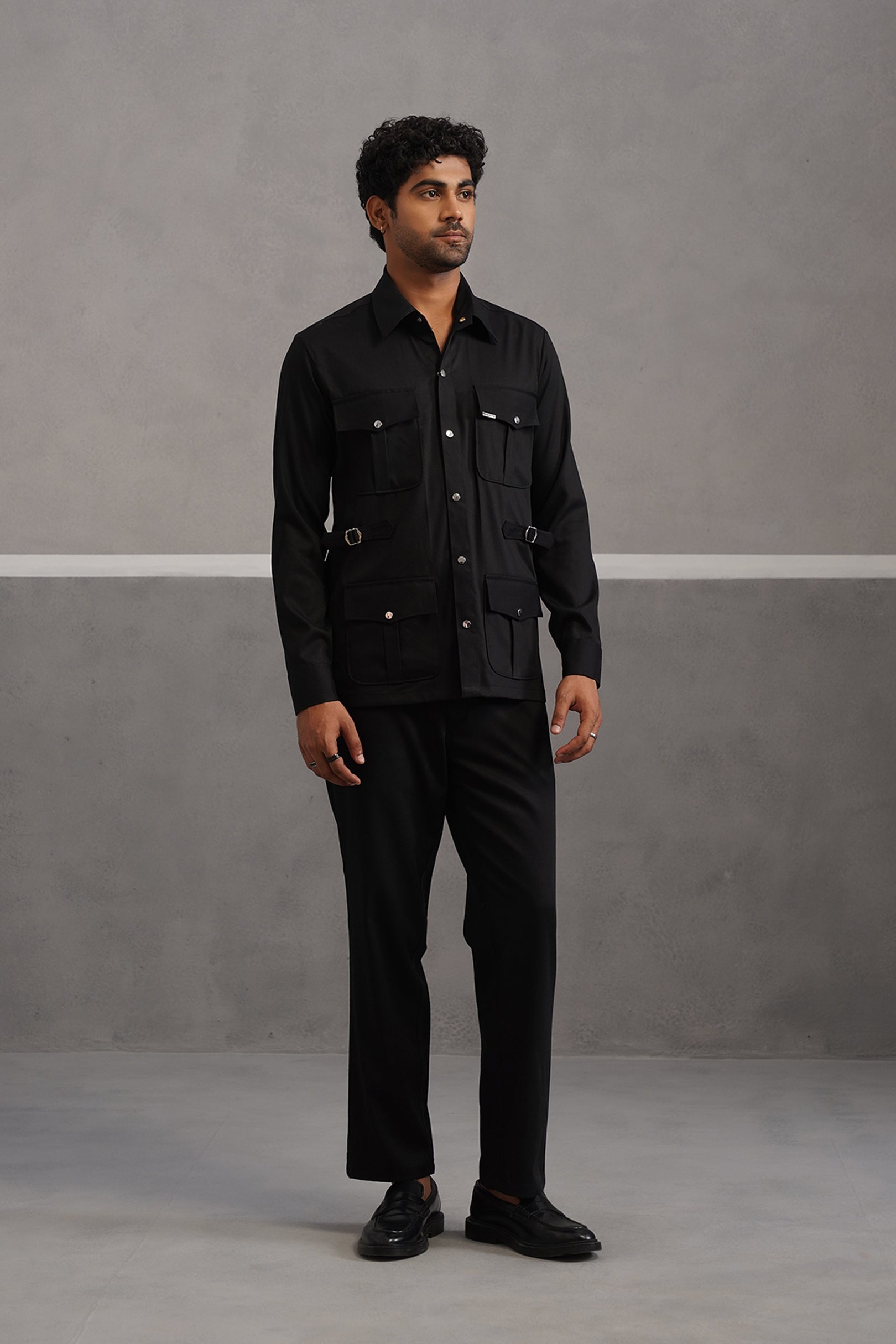 Terry rayon hunting shirt coord set - Black