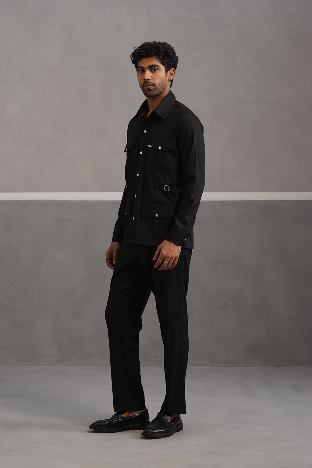Terry rayon hunting shirt coord set - Black