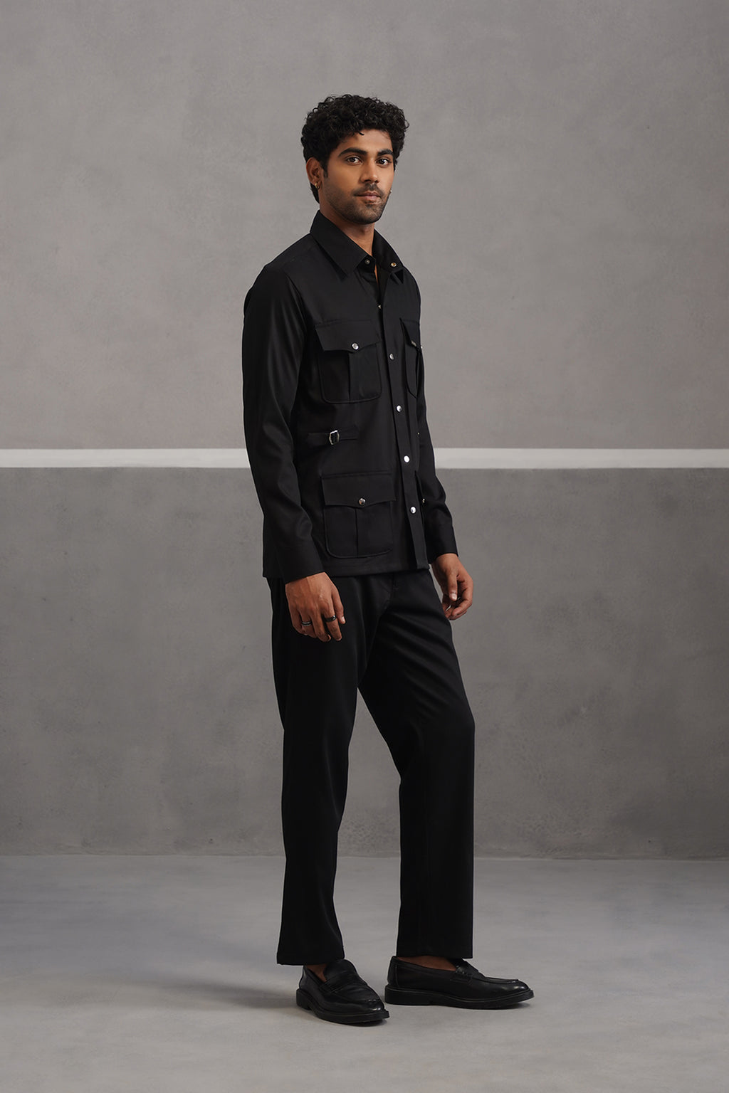 Terry rayon hunting shirt coord set - Black