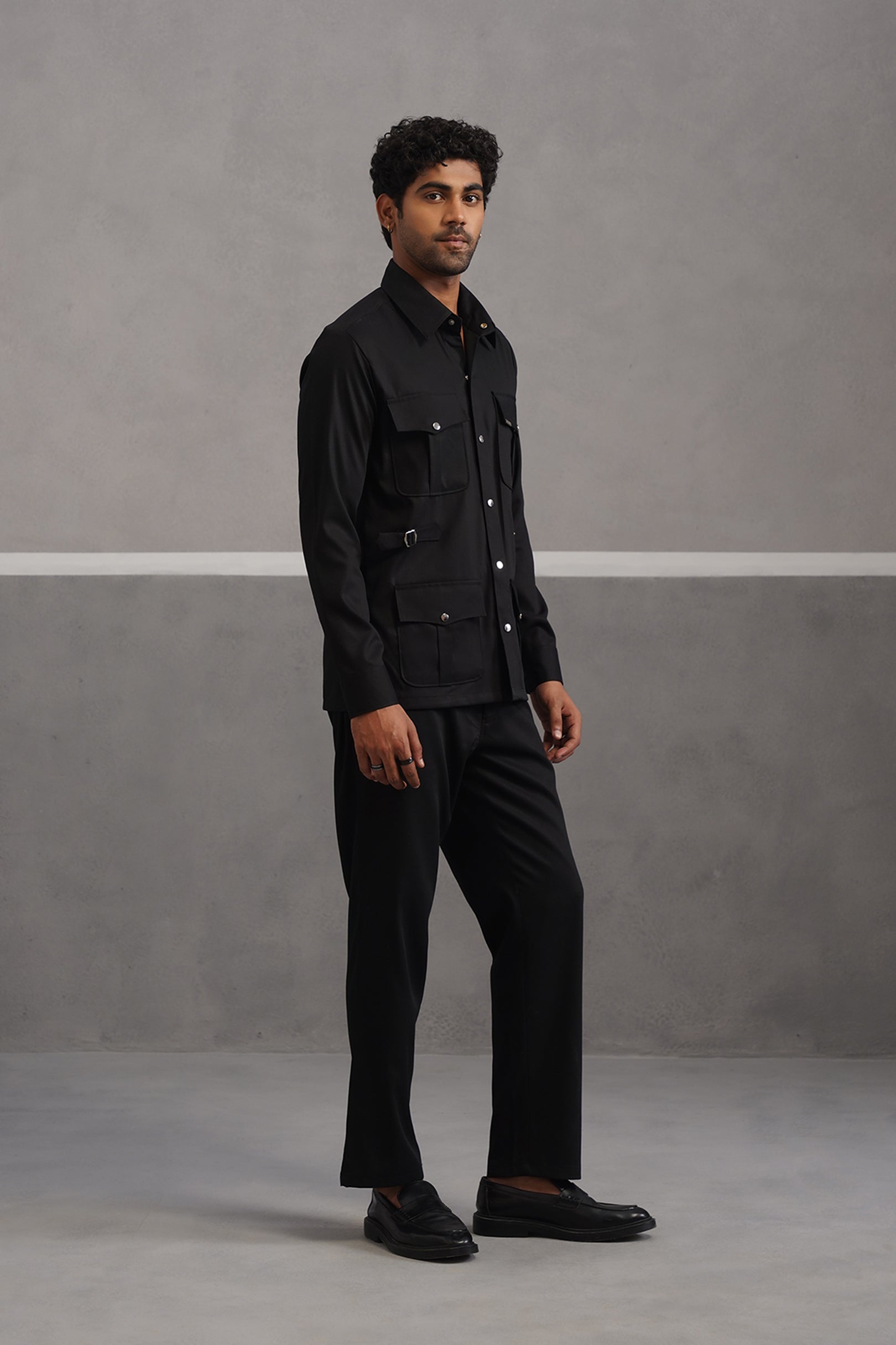 Terry rayon hunting shirt coord set - Black
