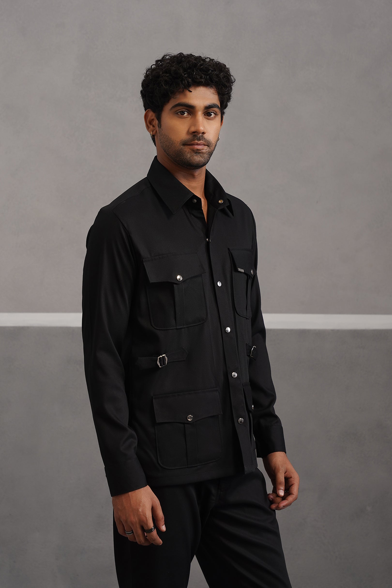 Terry rayon hunting shirt coord set - Black
