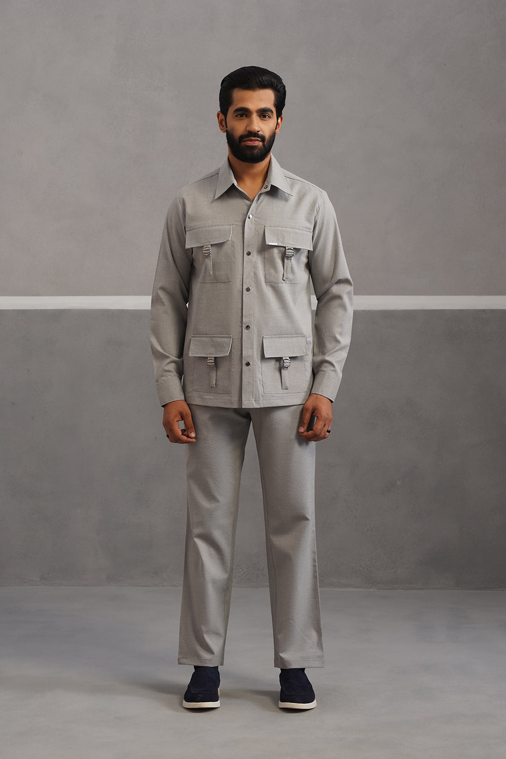Italian linen lycra four buckle pocket coord set - Grey