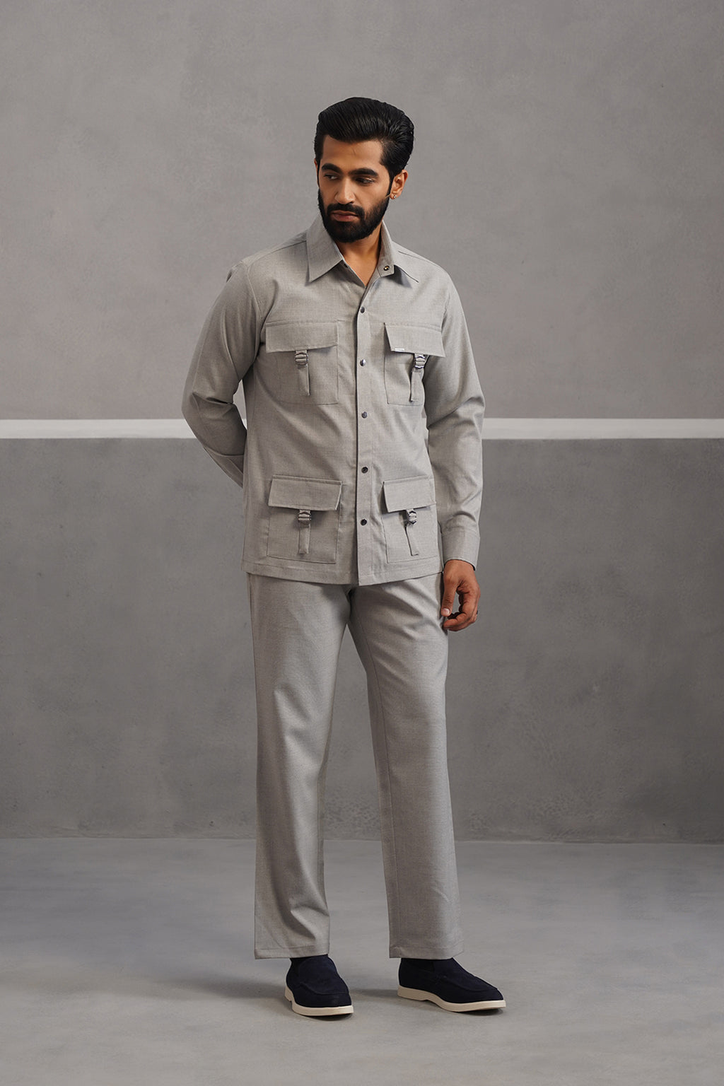 Italian linen lycra four buckle pocket coord set - Grey