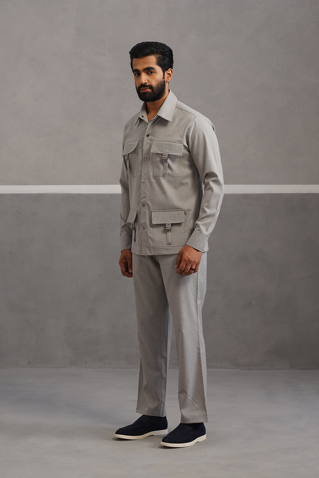 Italian linen lycra four buckle pocket coord set - Grey