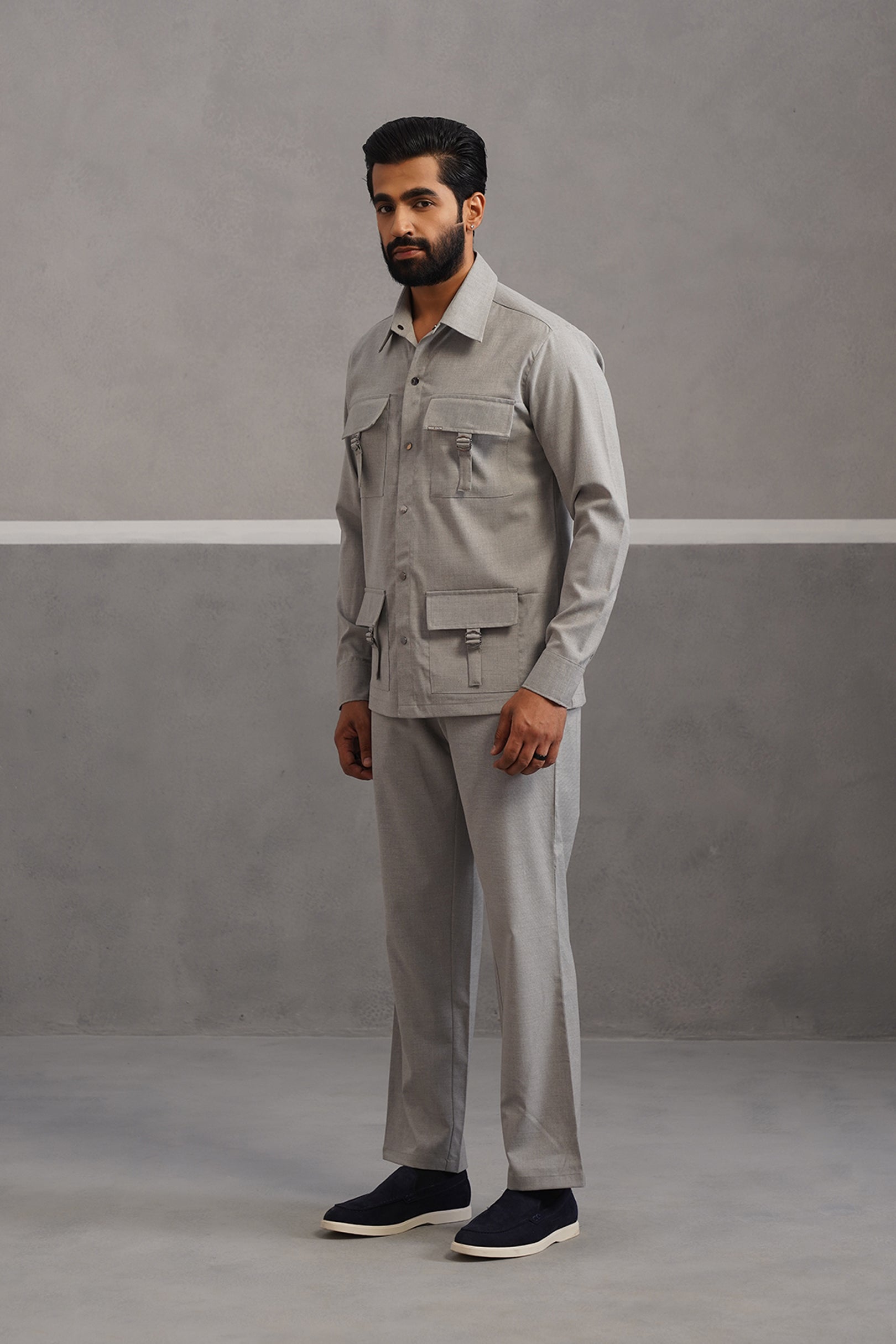 Italian linen lycra four buckle pocket coord set - Grey