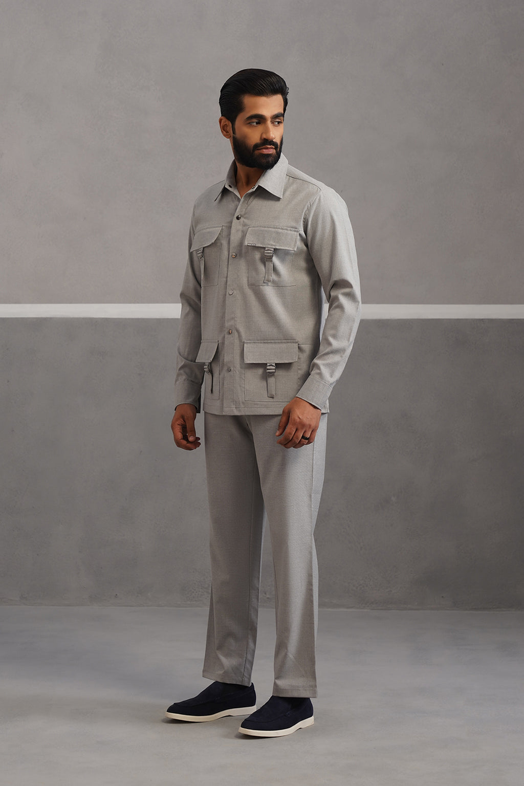 Italian linen lycra four buckle pocket coord set - Grey