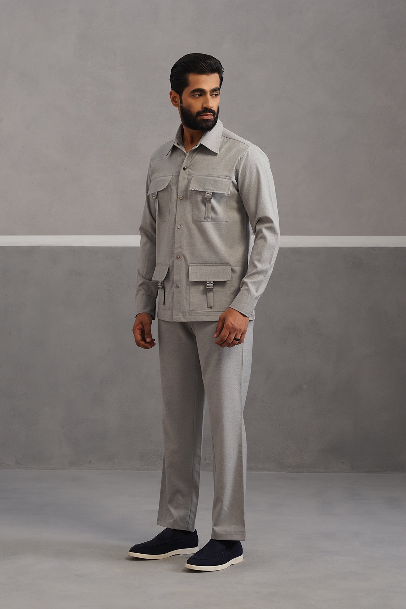 Italian linen lycra four buckle pocket coord set - Grey