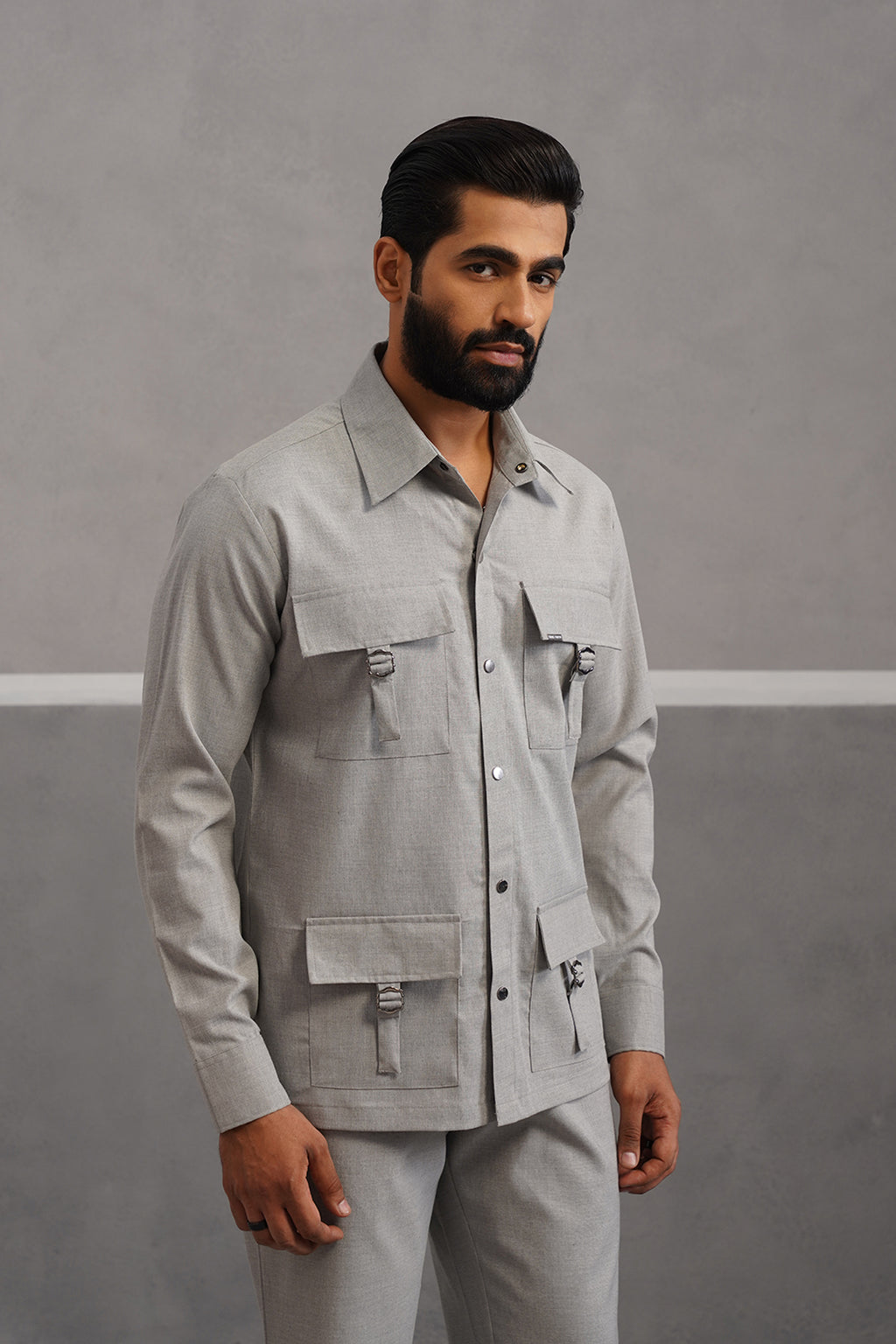 Italian linen lycra four buckle pocket Shirt - Grey