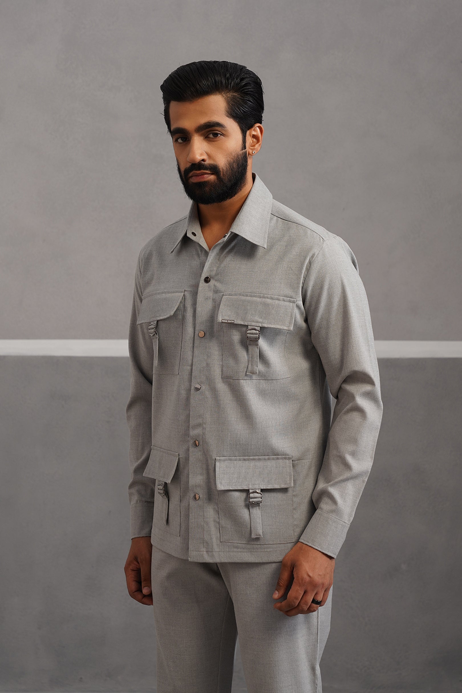 Italian linen lycra four buckle pocket Shirt - Grey