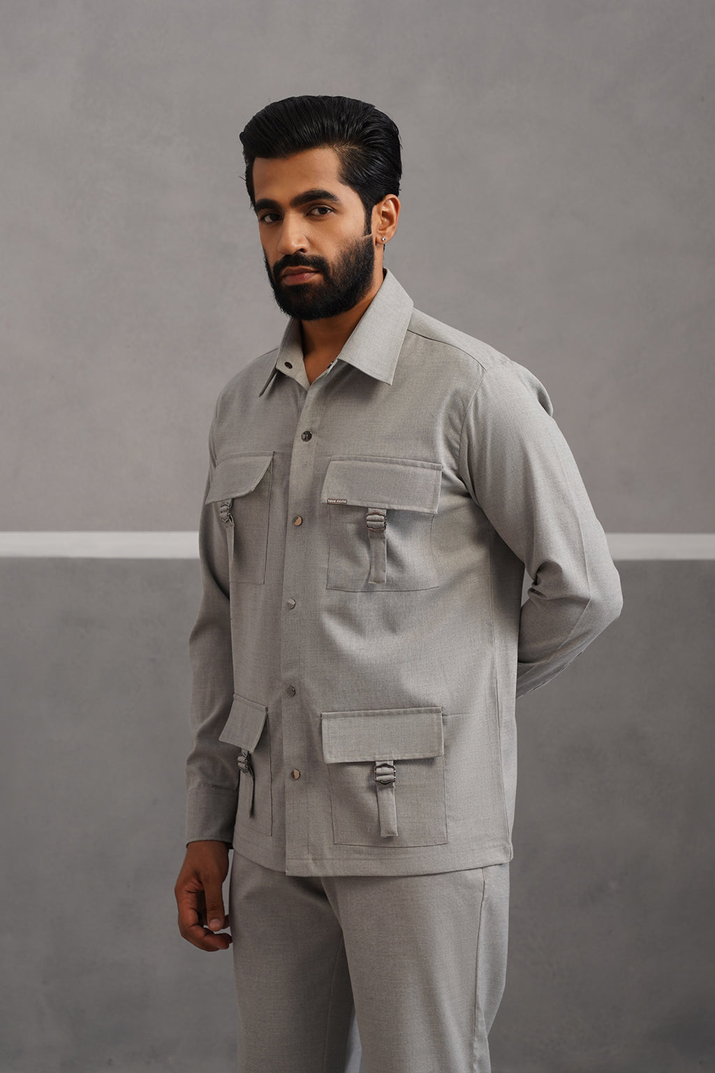 Italian linen lycra four buckle pocket coord set - Grey