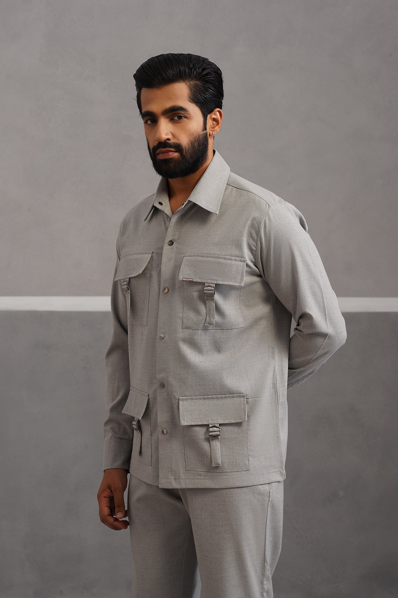 Italian linen lycra four buckle pocket coord set - Grey