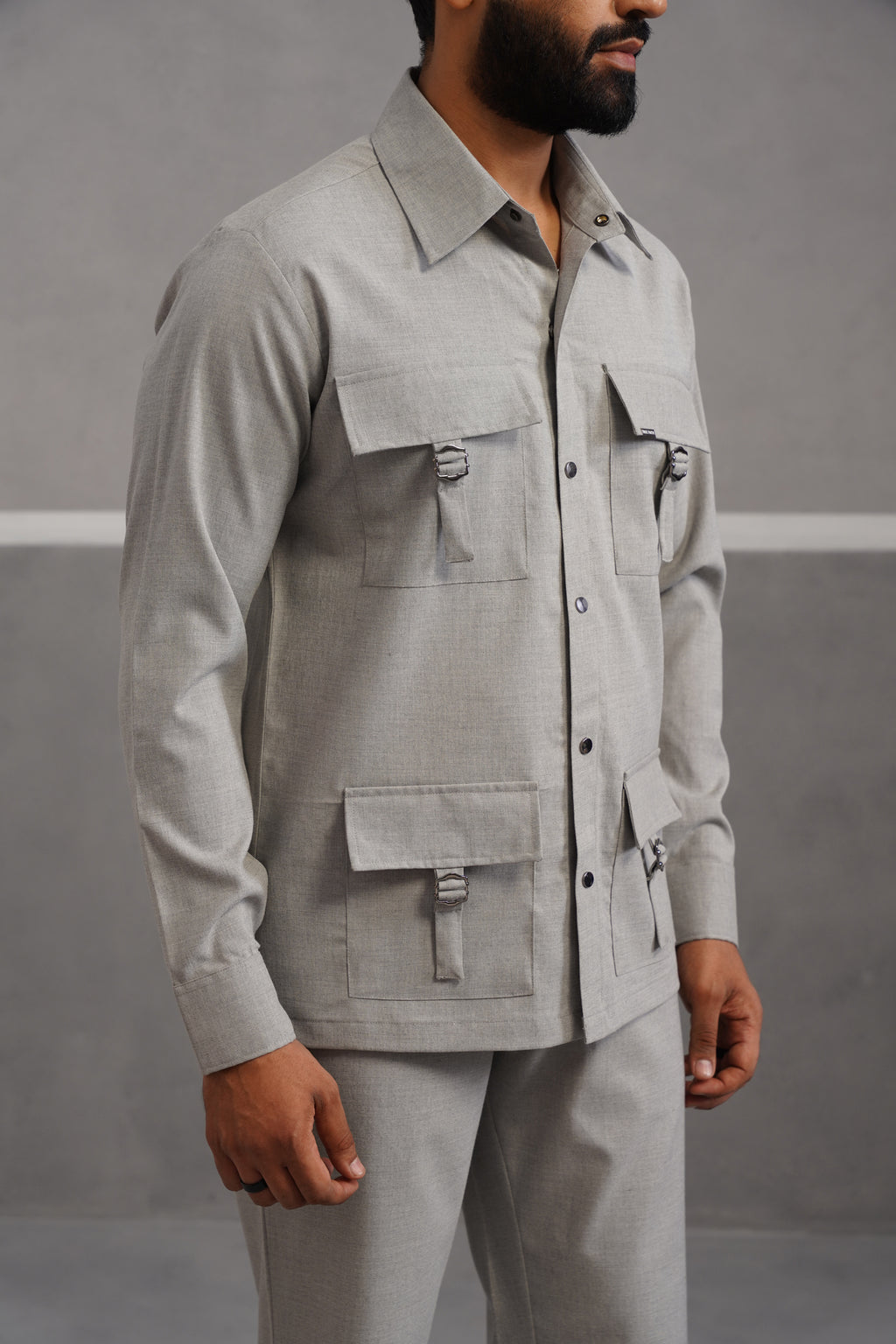 Italian linen lycra four buckle pocket Shirt - Grey