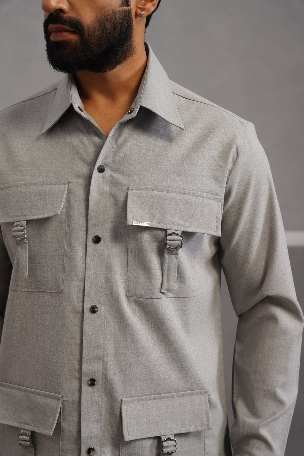 Italian linen lycra four buckle pocket Shirt - Grey