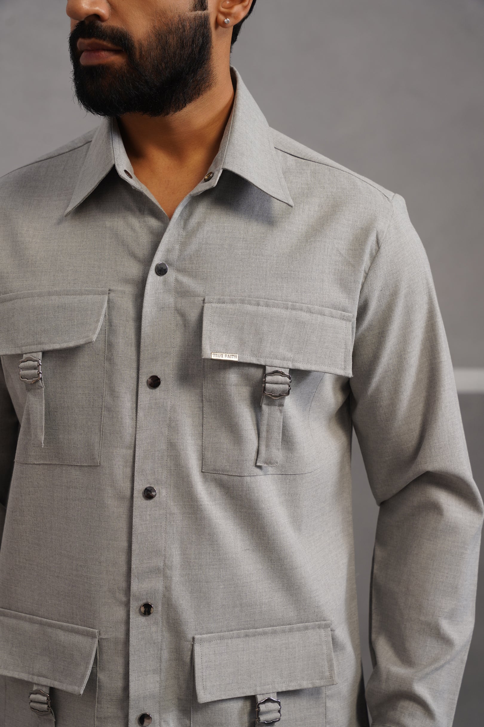 Italian linen lycra four buckle pocket Shirt - Grey