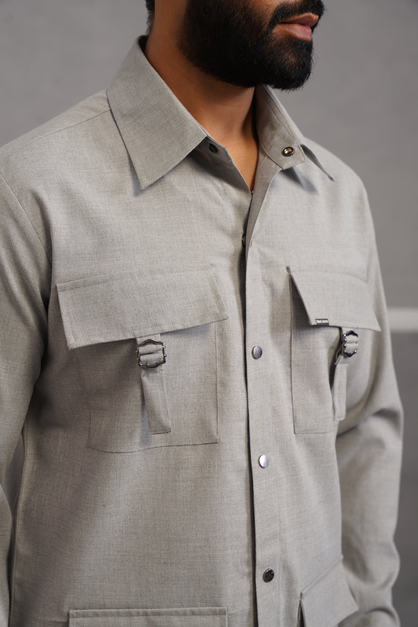 Italian linen lycra four buckle pocket Shirt - Grey